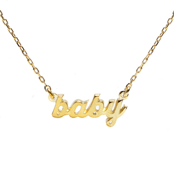 Gold necklace that says baby 2025