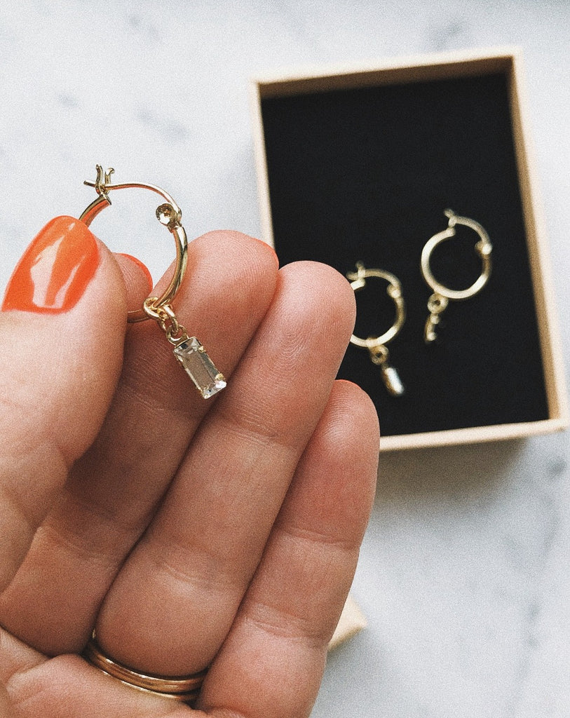 Tiny Baguette Charm Hoops - Bing Bang Jewelry NYC