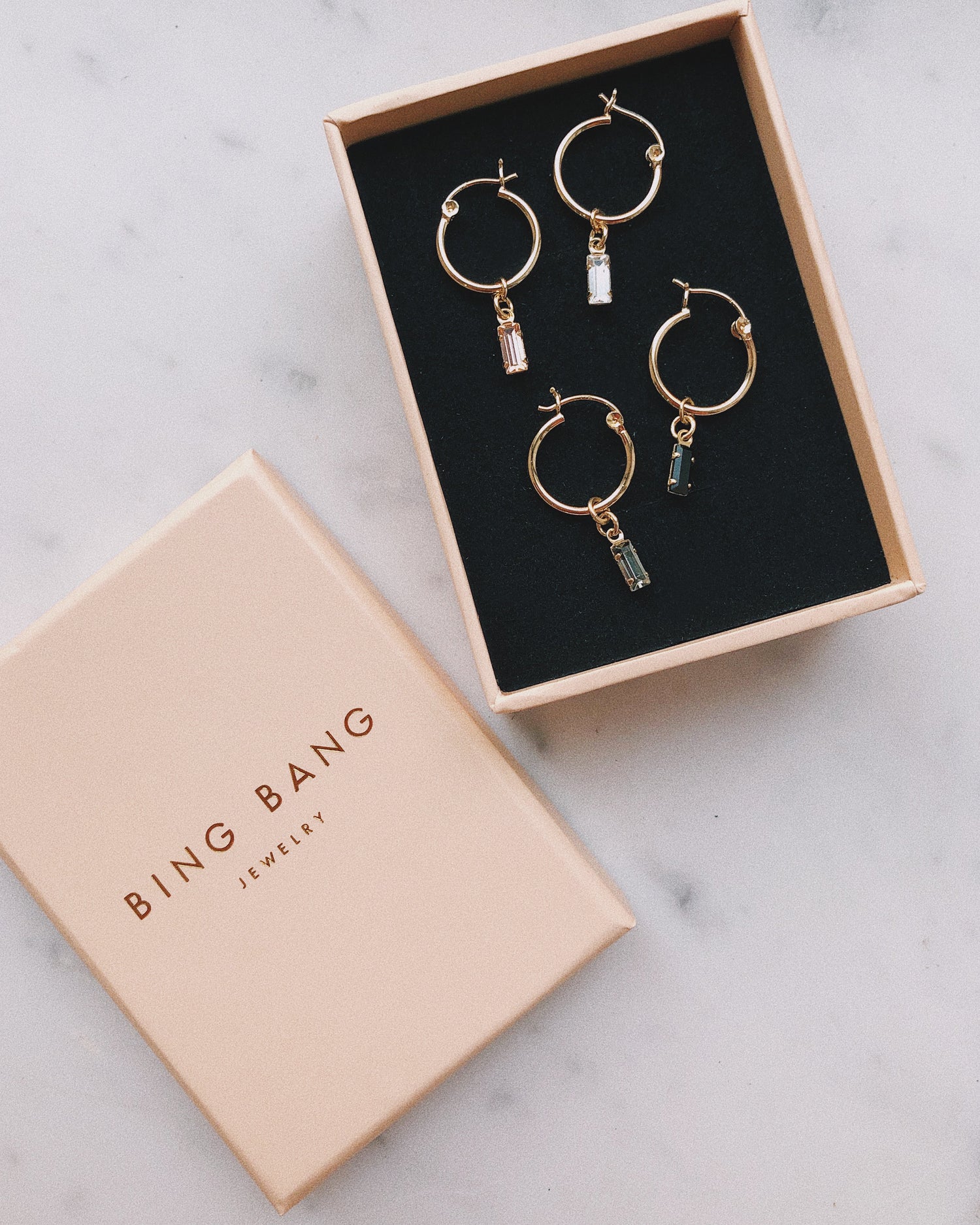 Tiny Baguette Charm Hoops - Bing Bang Jewelry NYC