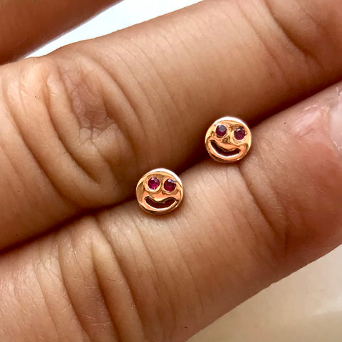 Smiley Face Studs with Ruby Accents - Bing Bang Jewelry NYC