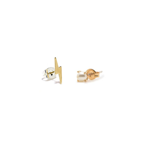 Classic Pearl and Lightning Bolt Stud Duo - Bing Bang Jewelry NYC